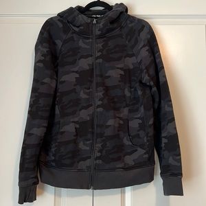 Full zip ladies hoodie, black/grey camouflage